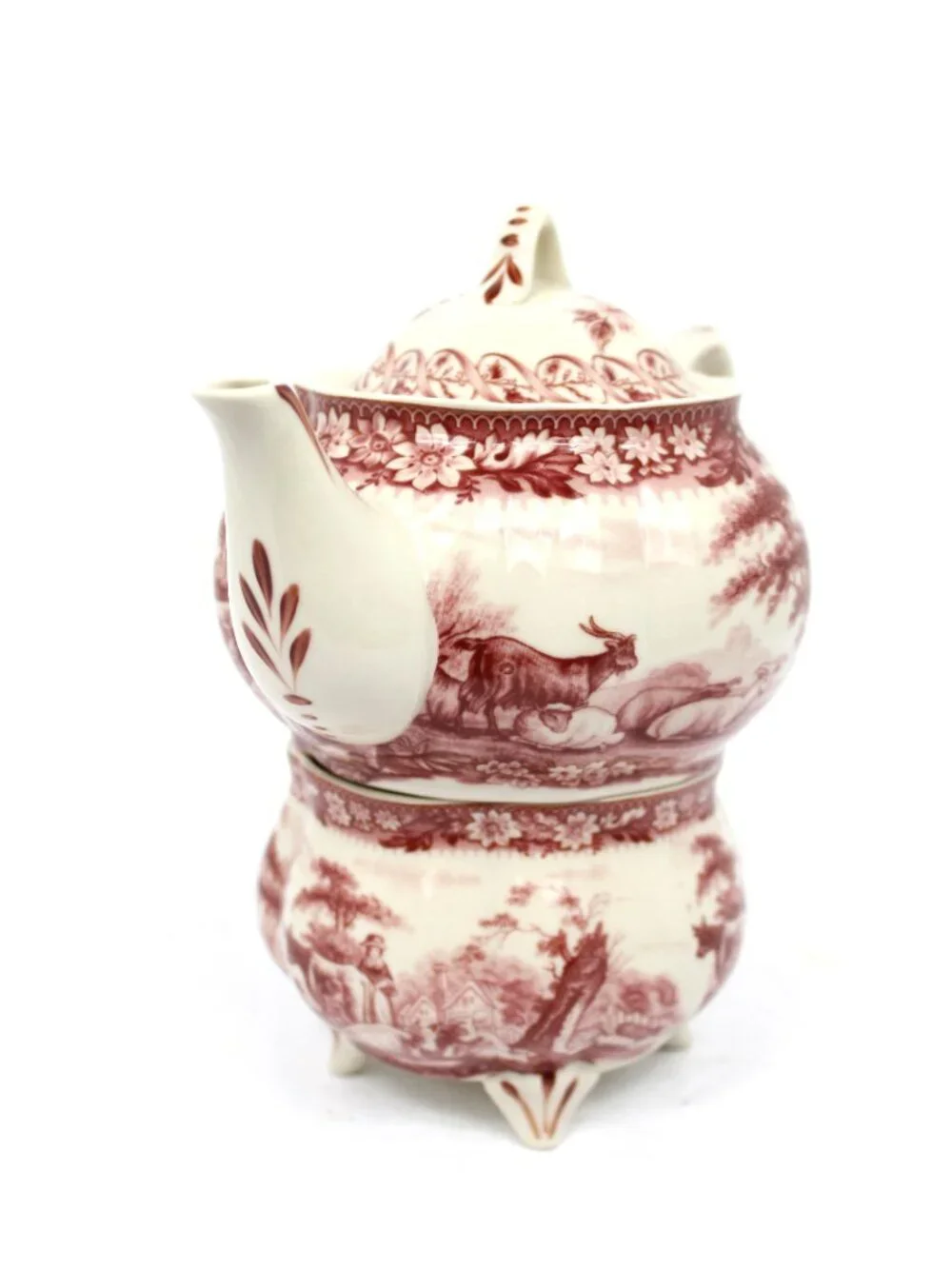 PORCELAIN RED TRANSFERWARE ANTIQUE REPRODUCTION STACKED TEA POT\DOUBLE STACK CUP